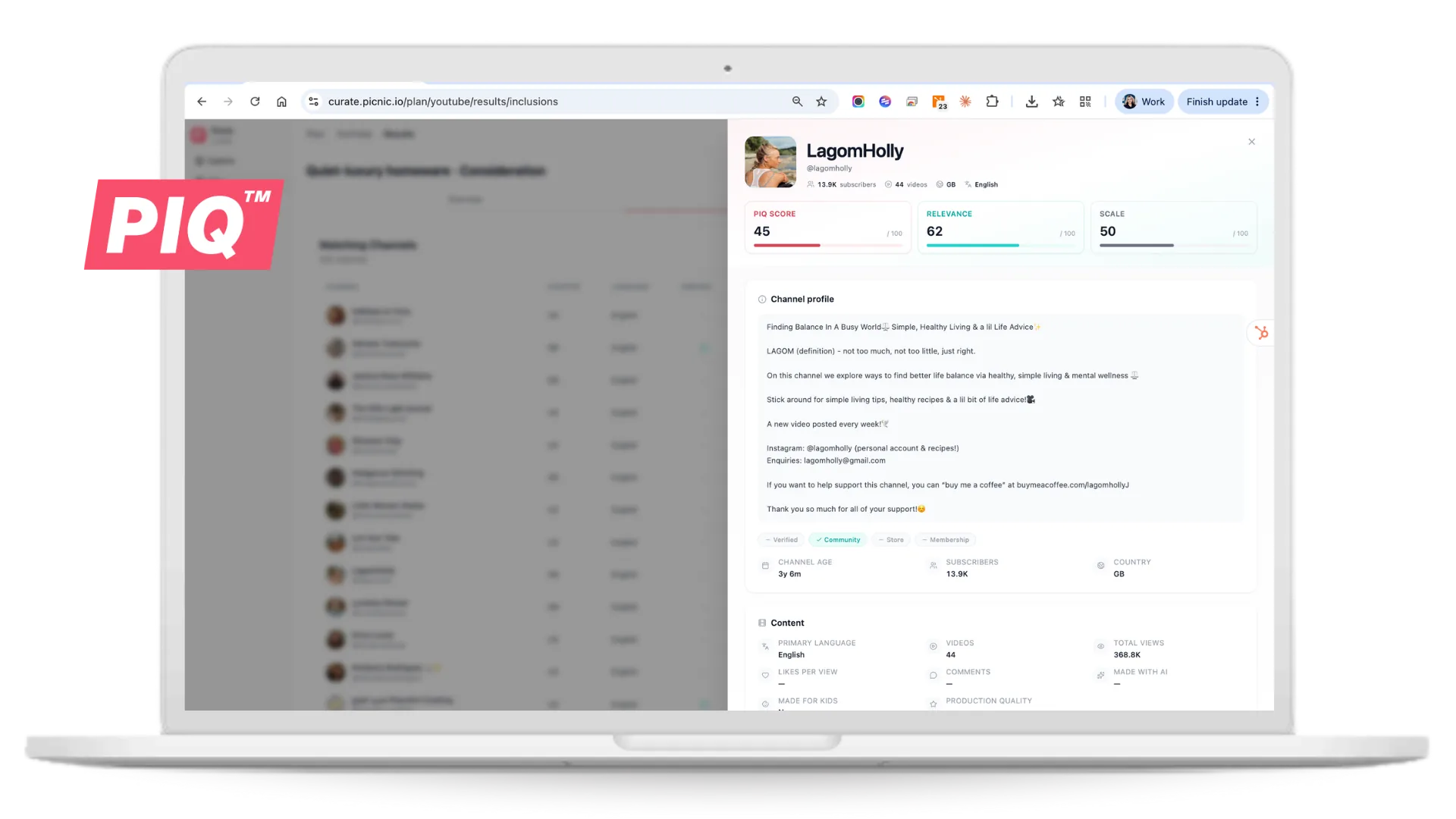 PIQ Inventory Health Check for YouTube: channel-mean PIQ score, pillar breakdown, and impression-level quality findings